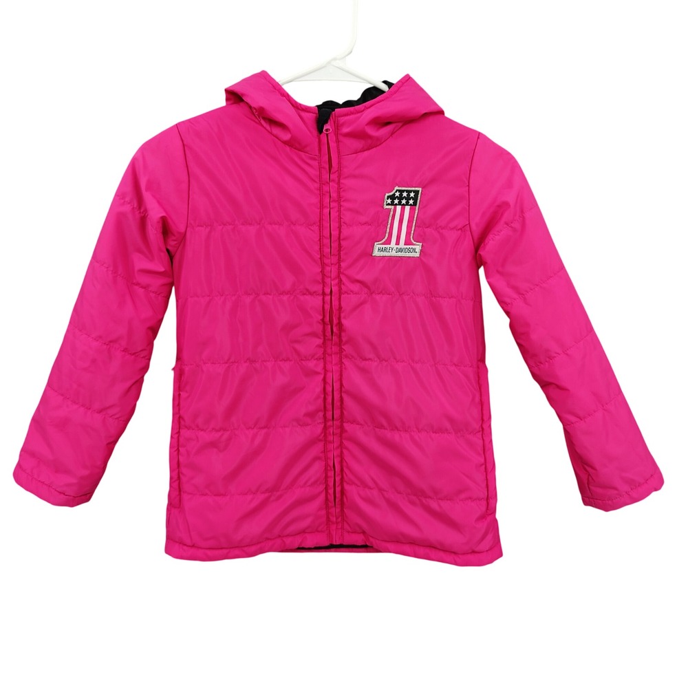 Harley Davidson Girls Biker Moto Puffer Jacket 6X Pink Hooded Quilted Coat Zip